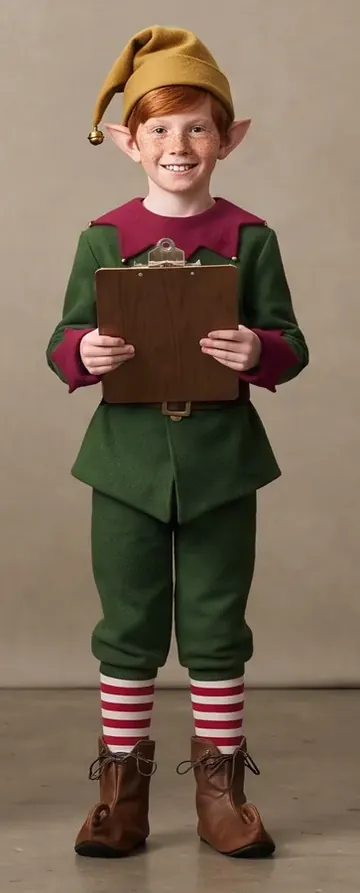 Pip the Chief Elf standing with his clipboard, ready to write down kind things.