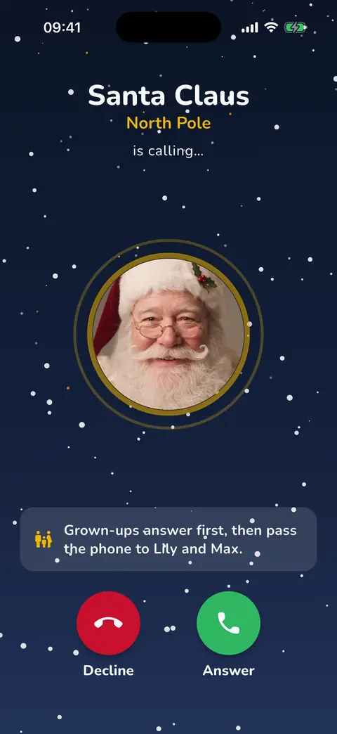 The app's incoming call screen: Santa Claus, North Pole, is calling. Grown-ups answer first, then pass the phone to Lily and Max.