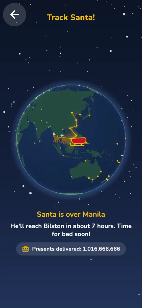 The Santa tracker: a globe with Santa's sleigh over Manila. He'll reach Bilston in about 7 hours. Time for bed soon!
